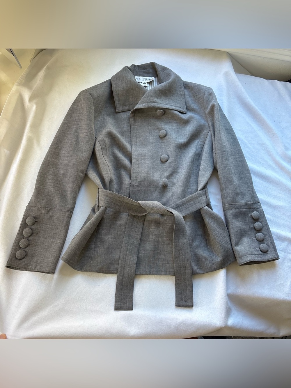 St. John Gray Belted Double-Breasted Wool Blend Jacket